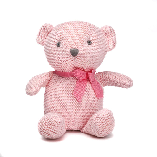 FluffyFun pink teddy bear plush seated for newborn cuddling, soft texture, and comforting grip.