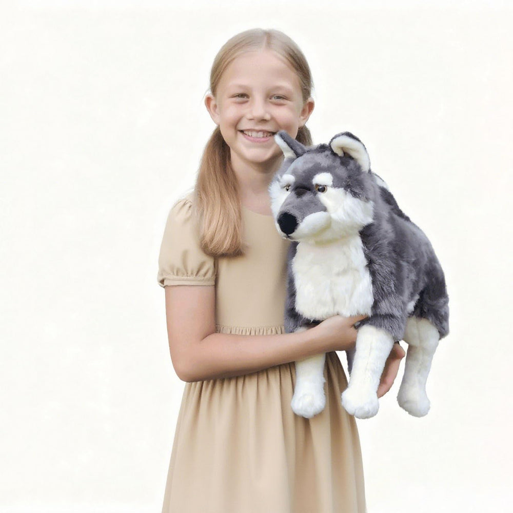 FLUFFYFUN Realistic Wolf Dog stuffed animal 20-inch with lifelike fur texture for immersive play.