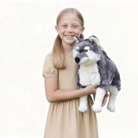 FLUFFYFUN Realistic Wolf Dog stuffed animal 20-inch with lifelike fur texture for immersive play.
