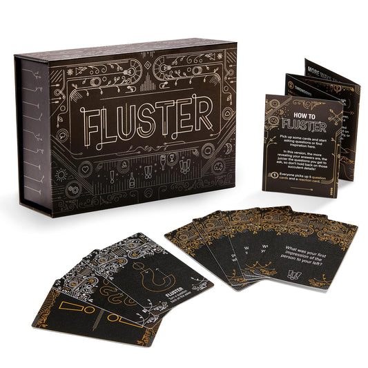 FLUSTER ice breakers deck shown with a sleek box for quick party conversations