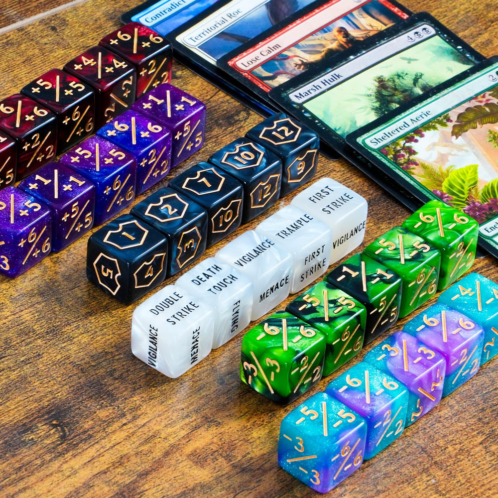 Flvdierd MTG keyword dice for indestructible and death touch counters.