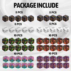 Flvdierd MTG keyword dice displaying trample and reach for quick reference.