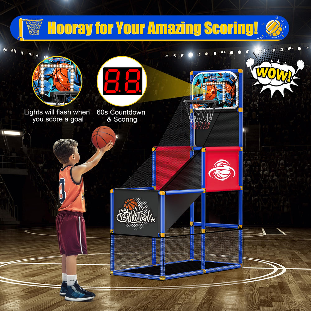 FlyBakiz arcade hoop height adjustment helps growing players shoot comfortably.
