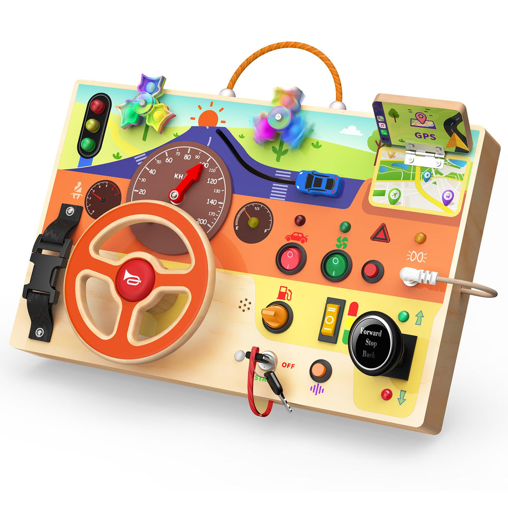 flycoost Busy Board dashboard steering wheel for toddlers' fine motor play on the go.