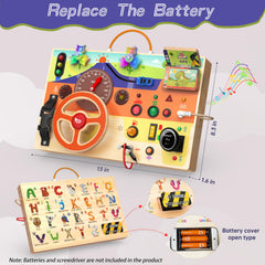flycoost Busy Board ignition key and switches for curious hands during travel.