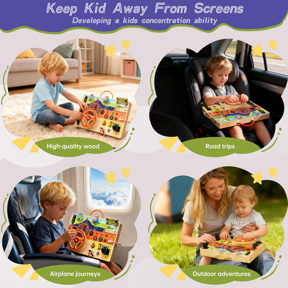 flycoost Busy Board sliding car and road track for problem-solving play.
