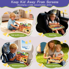 flycoost Busy Board sliding car and road track for problem-solving play.