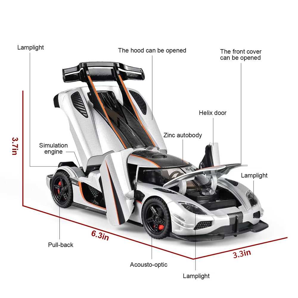 FLYKIRIN Koenigsegg One 1/32 light and engine sound features enhance play experiences.