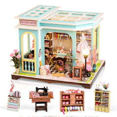 FLYNOVA Tailor Shop dollhouse kit front view showing detailed exterior and scale.
