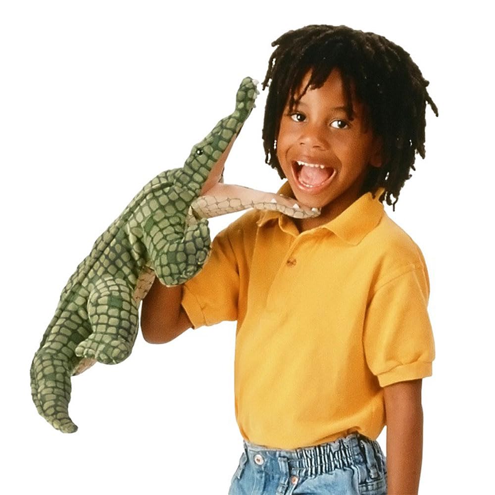 Folkmanis Alligator hand puppet, mouth-action shot, enhances interactive play.