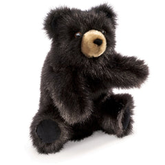 Folkmanis Baby Black Bear puppet face close-up for storytelling and teaching play.