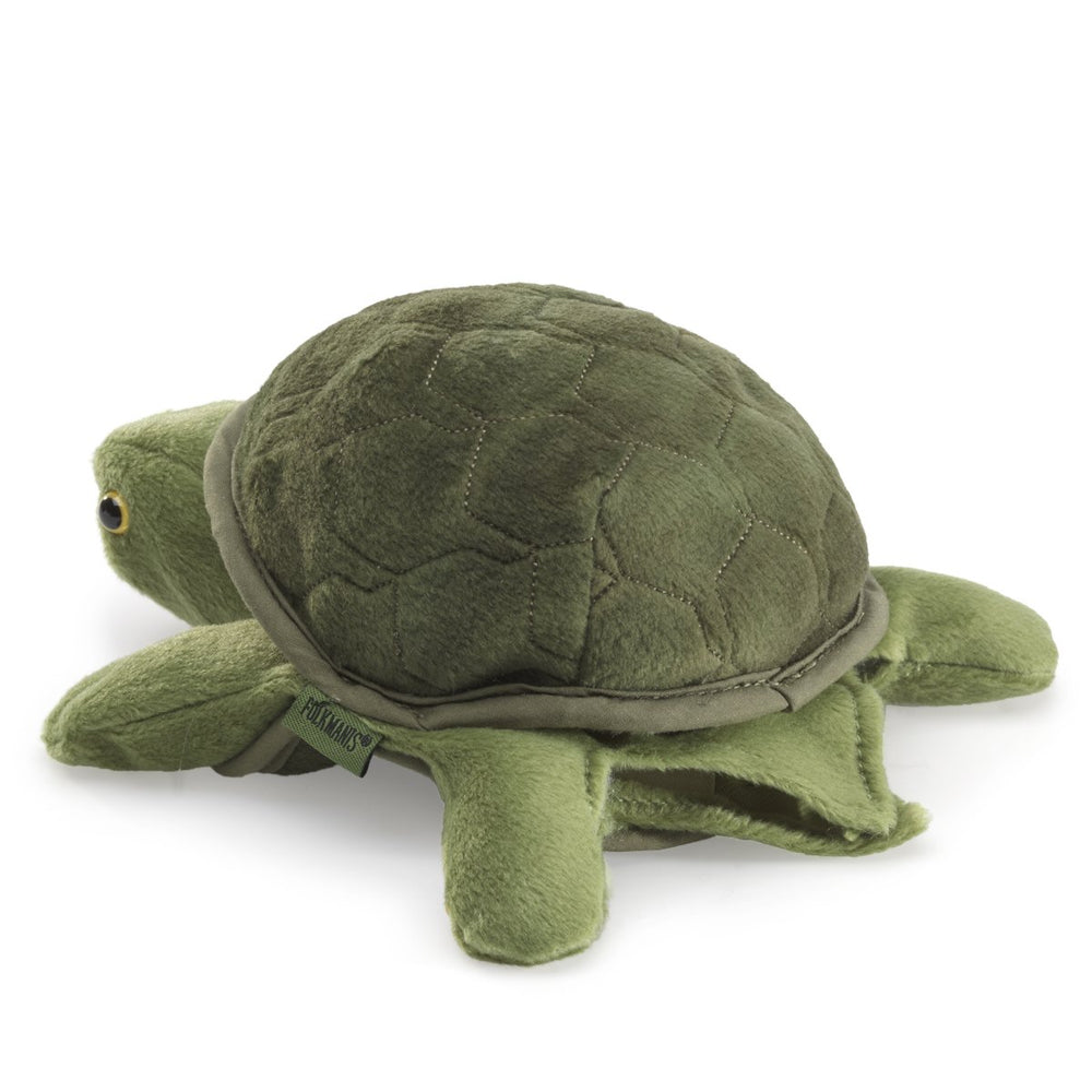 Folkmanis Baby Turtle Puppet green mouth action for expressive storytelling.