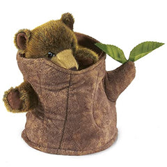 Folkmanis Bear-in-Tree-Stump puppet mouth action shows expressive peeks and dialogue.