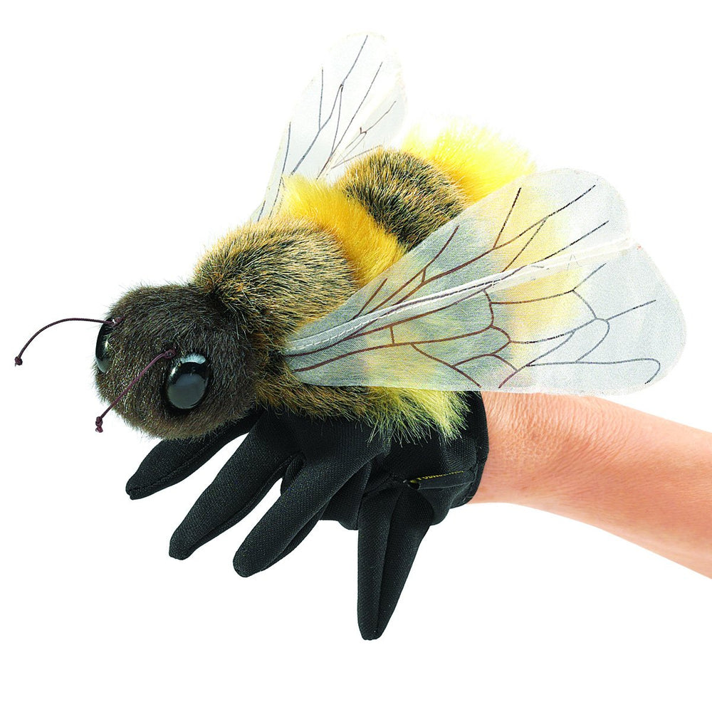 Folkmanis Honey Bee puppet front view shows plush realism for storytelling