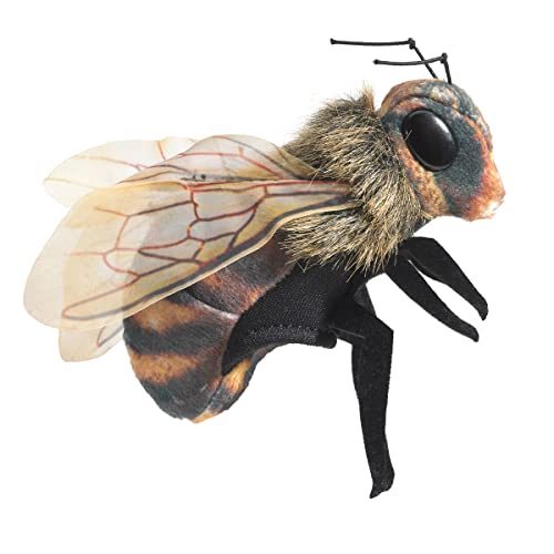 Folkmanis Mini Bee Face Closeup highlights lifelike eyes for expressive performances.