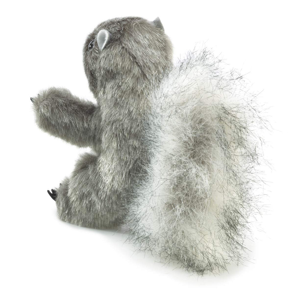 Folkmanis mini gray squirrel puppet on the finger for lively antics and play.