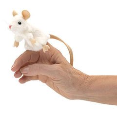 Folkmanis Mini White Mouse Finger Puppet close-up face with realistic details.