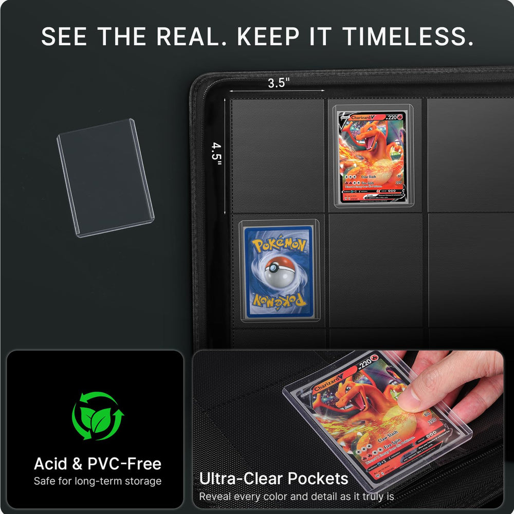 Side-loading pockets minimize edge wear while keeping cards secure.