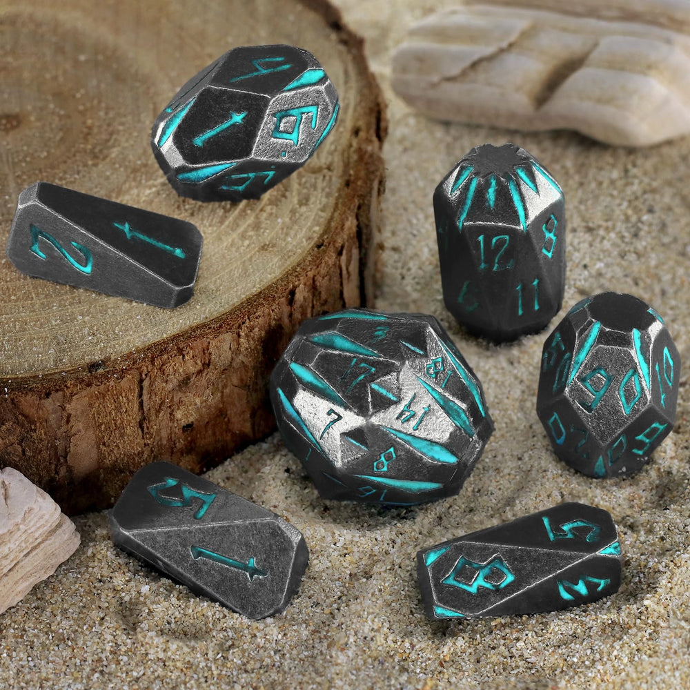 FONVGOGO DND dice on table under dramatic lighting.
