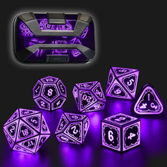 FONVGOGO Light Up DND Dice Set Astral Shard Purple on charging base for night-session glow