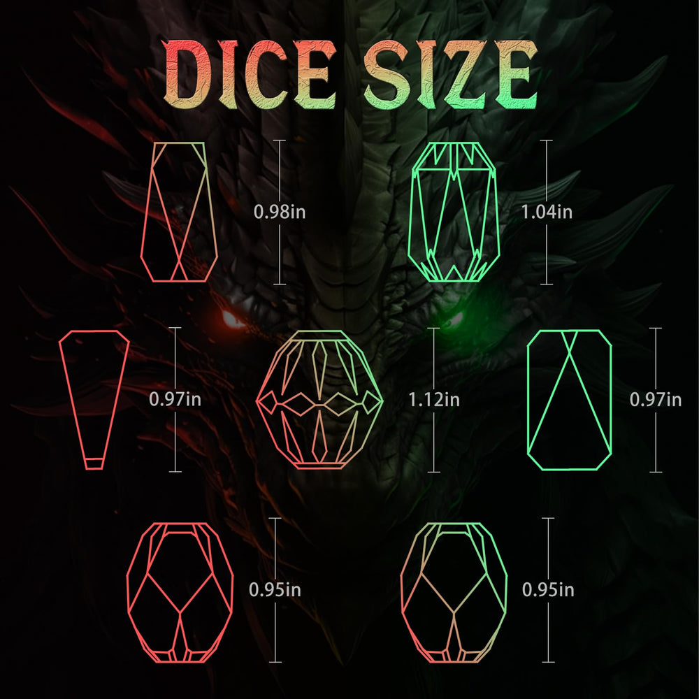 FONVGOGO metal DND dice layout showing full D4-D6-D8-D12 set