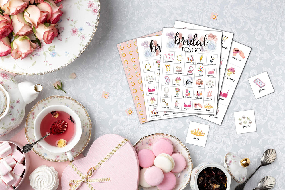 Foosproea bridal bingo cards showing easy-to-cut dotted lines for quick setup.