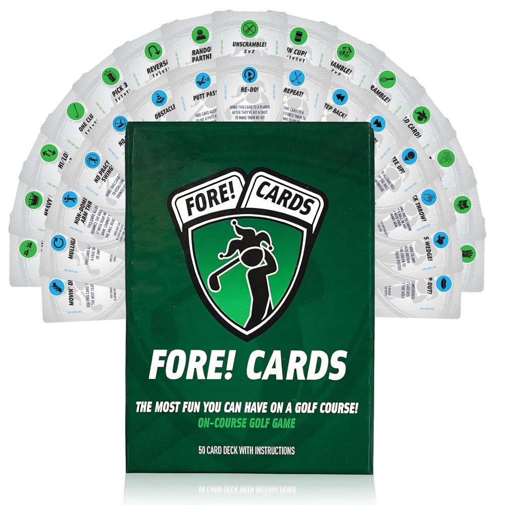 Fore Cards On Course packaging box displaying the on-course card deck for play.
