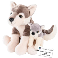 Forest & Twelfth mom and baby wolf pair cuddled together, heartwarming nursery comfort for bedtime.