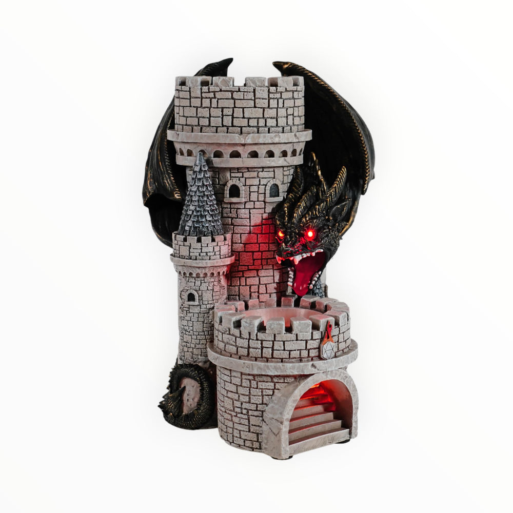 Dragon’s Keep Dice Tower from Forged Dice Co, front view showcasing fortress design