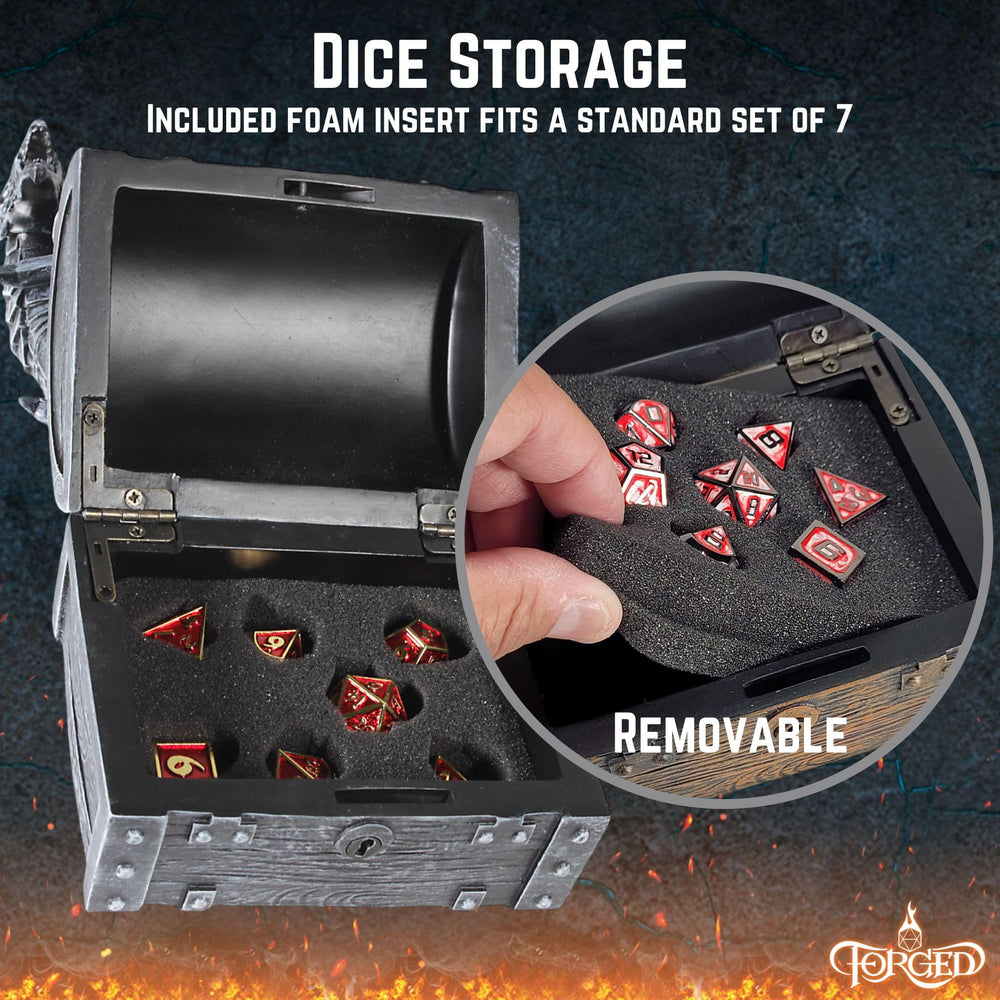 Forged Dice Co. Wyvern Dice Chest shows interior dice tray for organized gameplay.