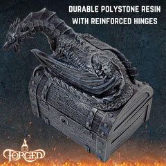 Forged Dice Co. Wyvern Dice Chest with Wyvern guard detail showcases fantasy craftsmanship and durability.