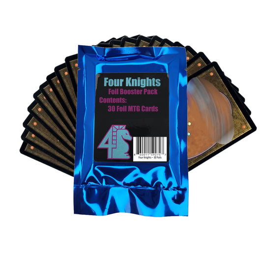 Four Knights foil booster pack showing 30 unique cards for collection and deck-building.