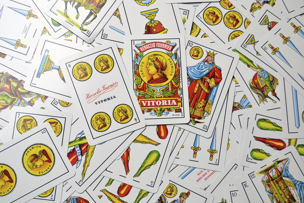 Fournier No.1 Spanish cards spread on table for Mus and Briscas