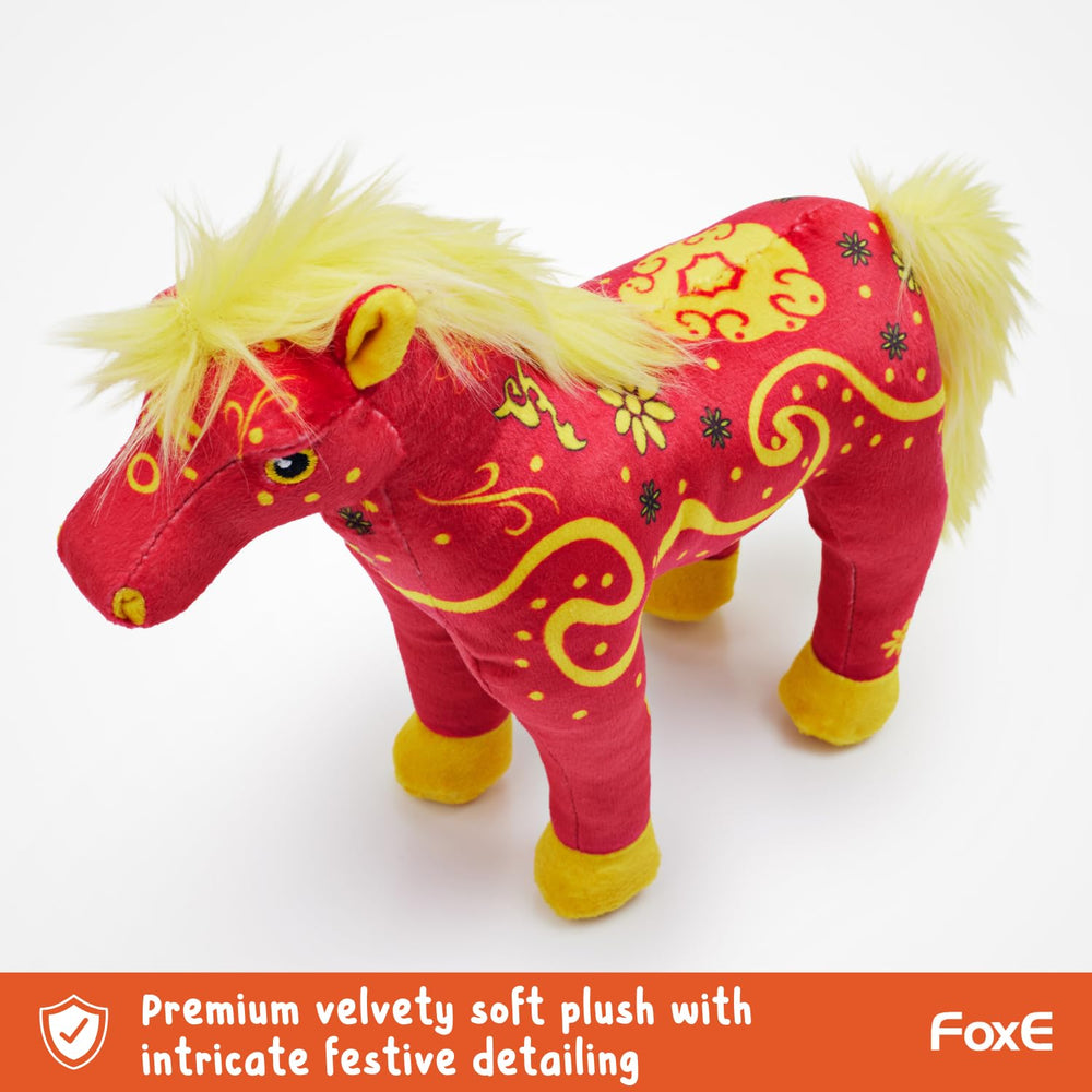 FoxE velvety-soft stuffed toy with traditional zodiac-inspired patterns.