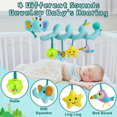 FPVERA spiral arch features a rattle and bell to engage auditory senses.