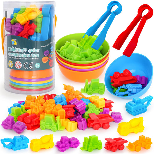 FQKIOMY color sorting toys with vehicle shapes for toddlers, supporting color recognition.