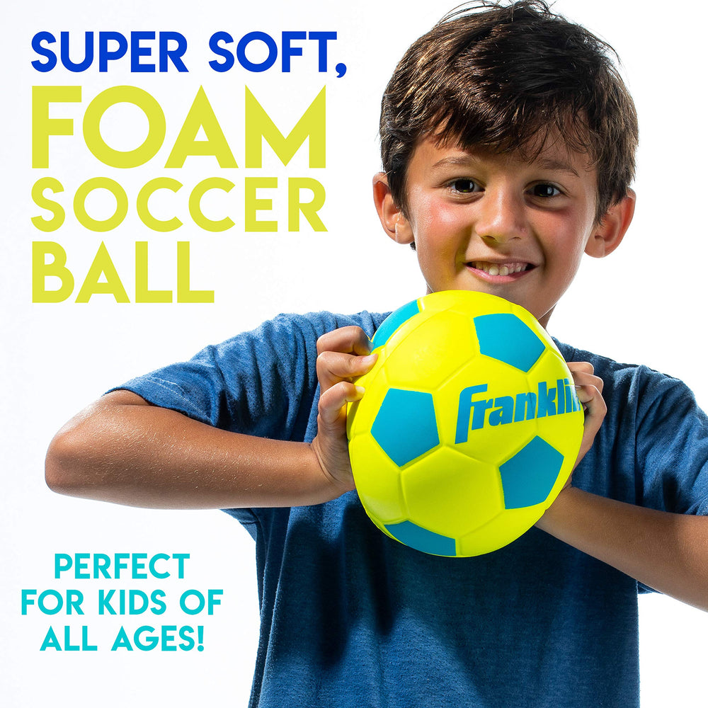 Indoor and outdoor use of the Franklin Probrite mini foam soccer ball highlighted.