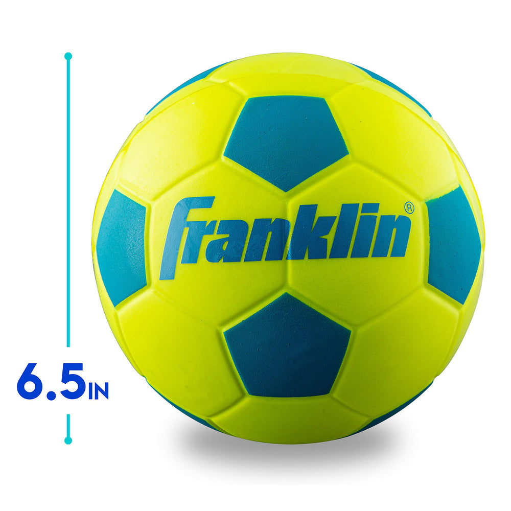 Franklin Sports Probrite mini foam soccer ball in neon yellow from the side for tracking.