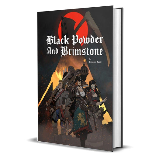 Free League Black Powder and Brimstone cover art evokes grimdark mood for immersive play.