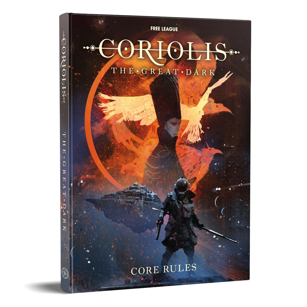 Free League Coriolis Great Dark core rulebook cover, inviting immersive space exploration and storytelling.