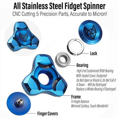 FREELOVE metal fidget spinner top view shows durable stainless steel shine