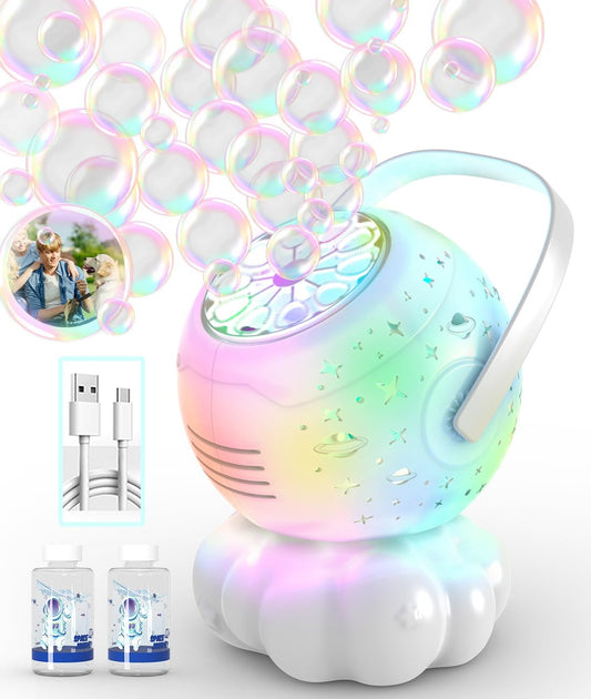 FREQUENT BUBBLES bubble machine with 7-color LED lights for vibrant backyard party visuals.