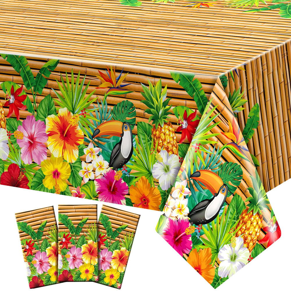 Frienda tiki tablecloth with flowers and wood grain for vibrant luau decor.