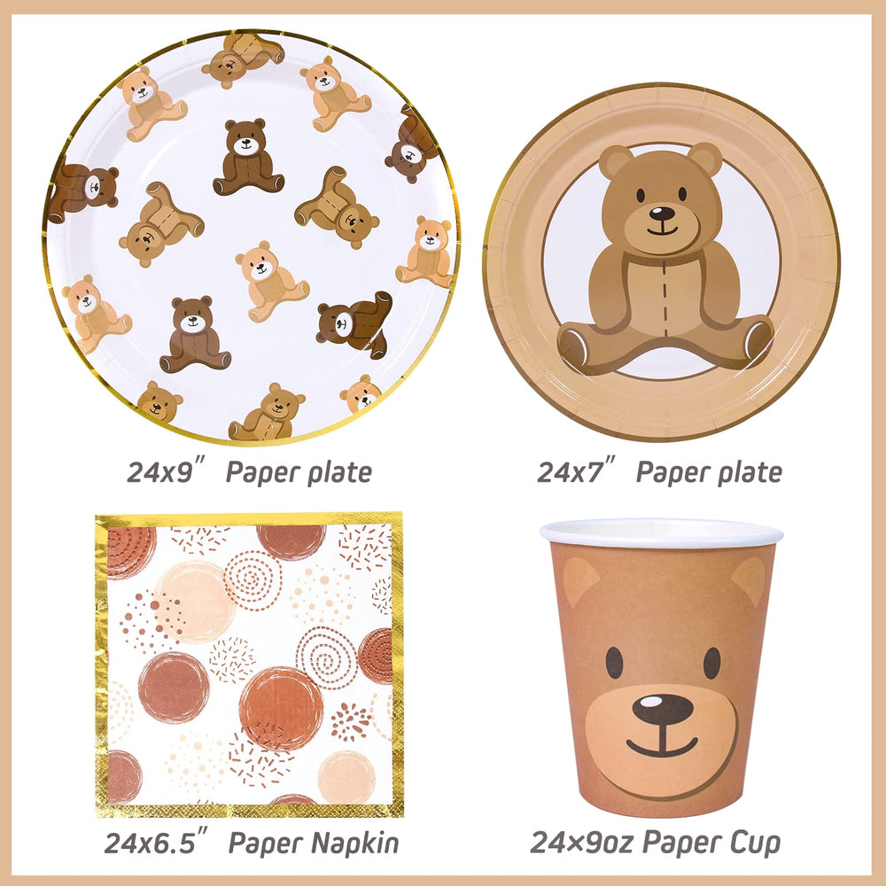 Frigg 7-inch dessert plates show large teddy bear on white and brown