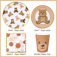 Frigg 7-inch dessert plates show large teddy bear on white and brown