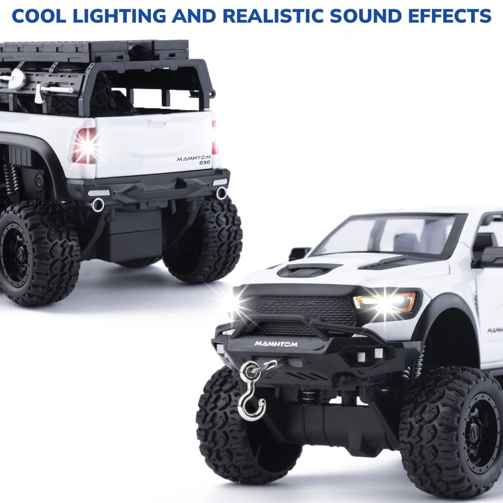 FRJV Mammoth 1/24 diecast pickup pull-back action demonstrates quick movement on clean surfaces.