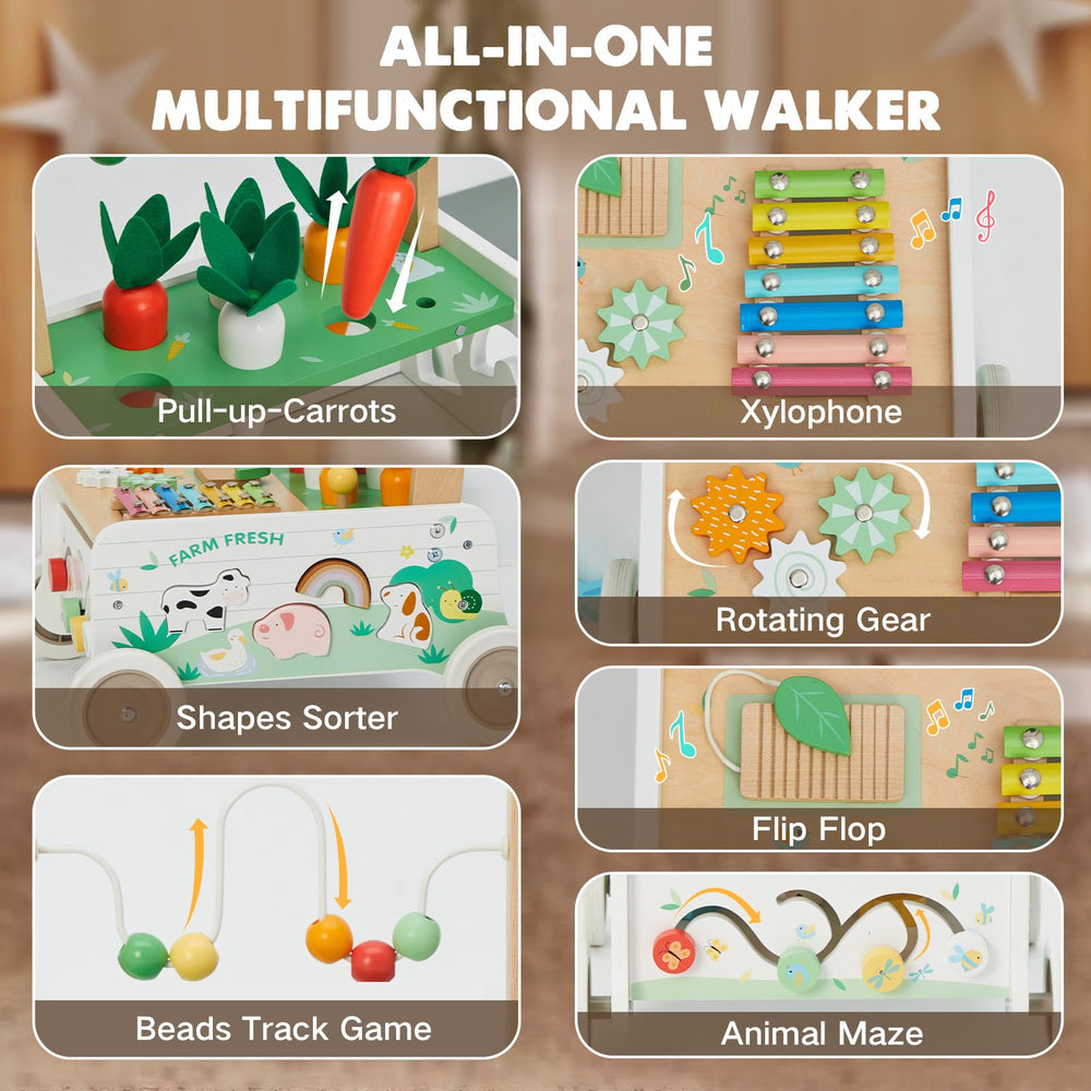 Frogprin carrot harvest activity on a wooden walker for fine motor play