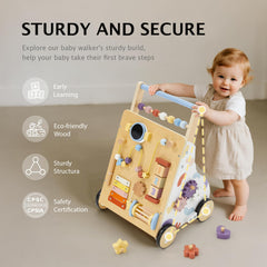Frogprin wooden baby walker front view highlighting the interactive panel.