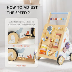 Frogprin walker showing height adjustment feature for different child sizes.