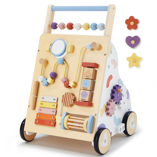 Frogprin wooden baby walker side view showing stability and design for early walking.